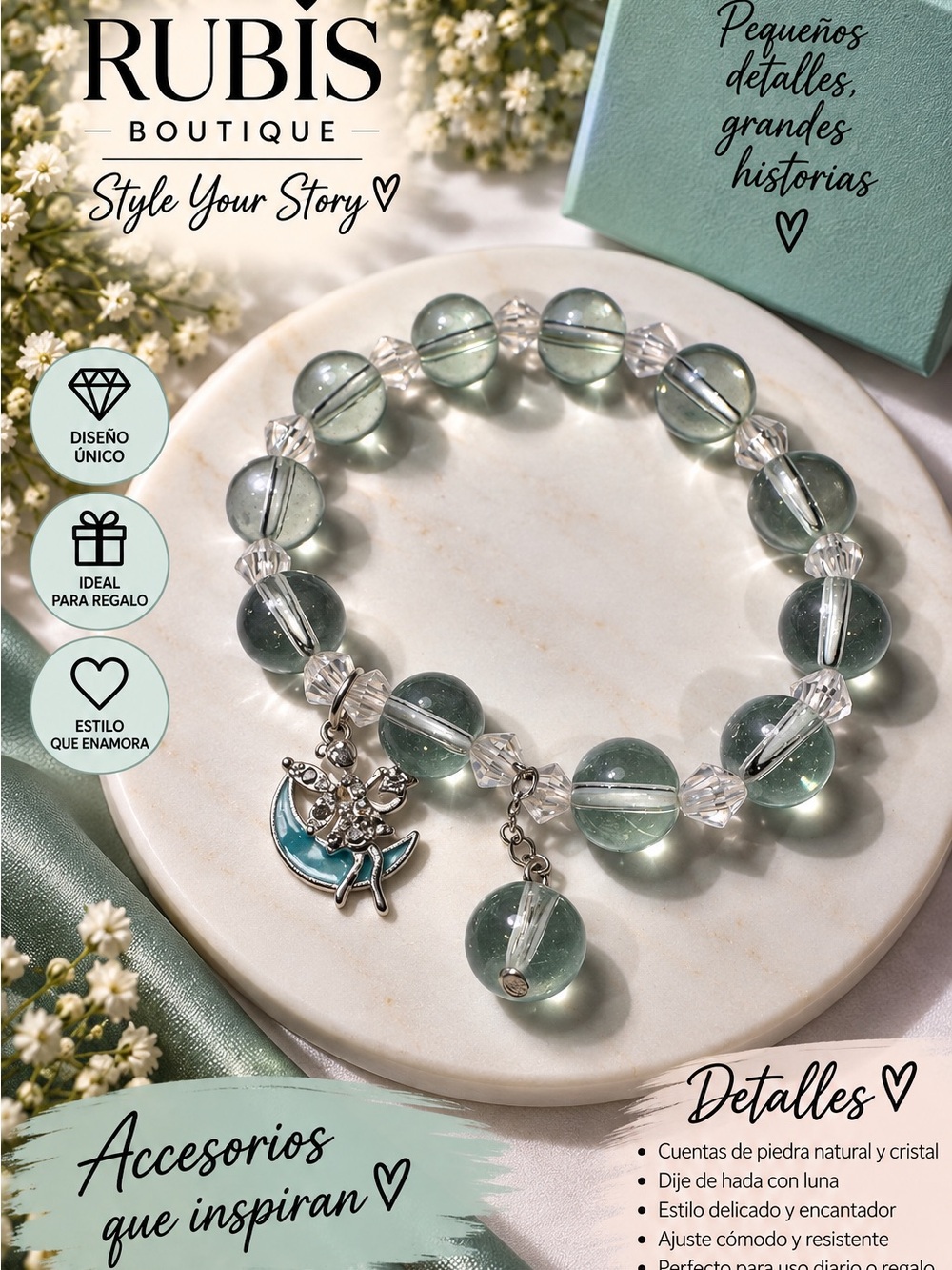 Green Crystal Bead Bracelet with Fairy Moon Charm